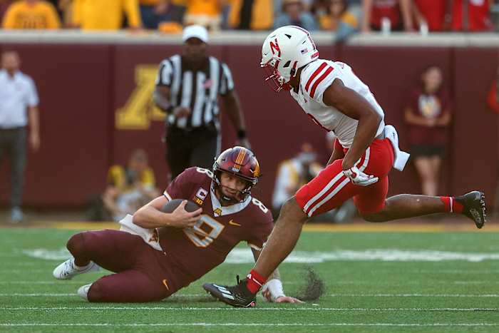 Nebraska Minnesota 2023 - Athan Kaliakmanis slides to avoid tackle